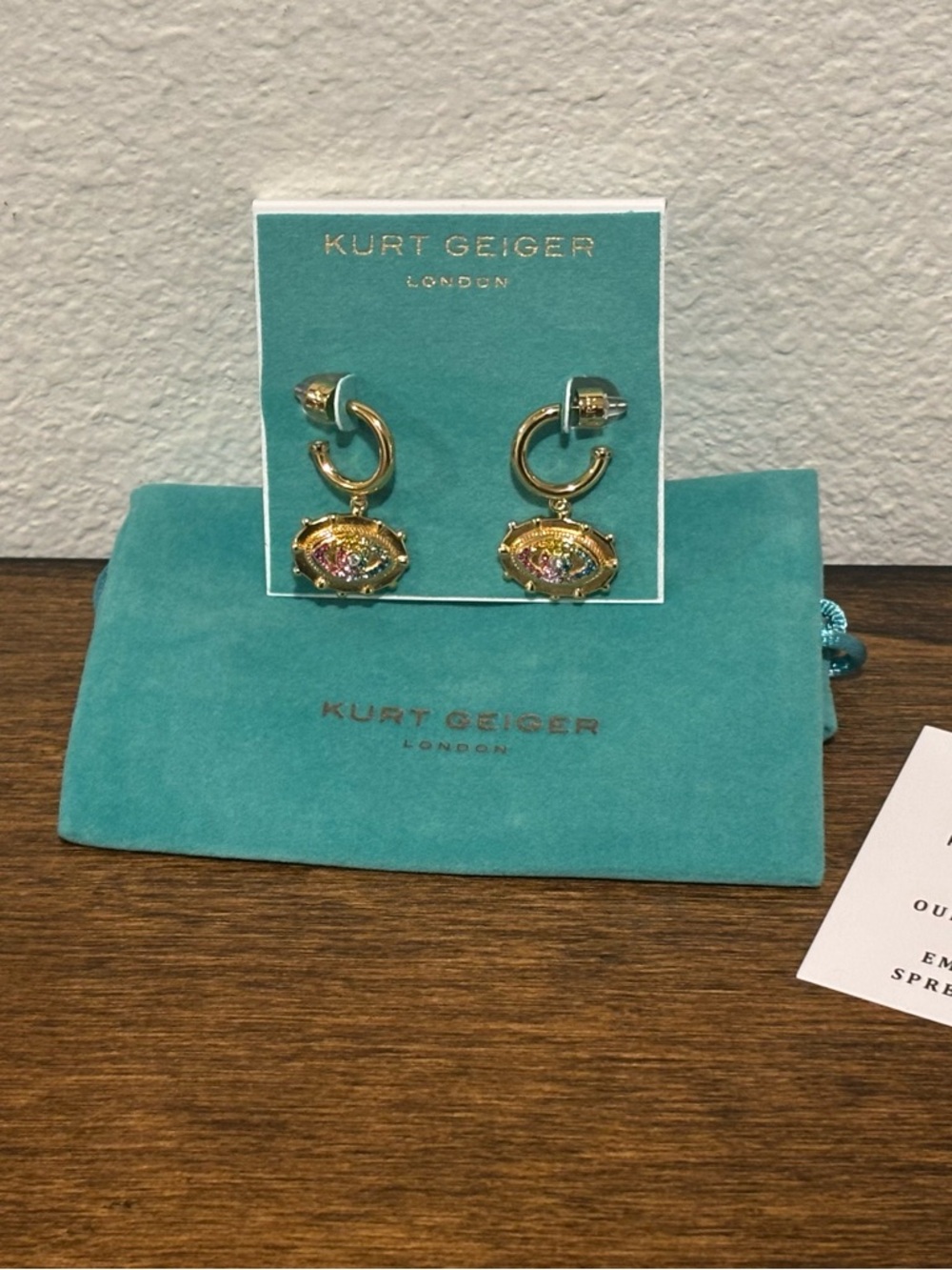 Kurt Geiger Gold Hoop Drop Earrings with Iridescent Stones